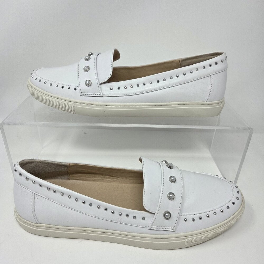 J/Slides Tennisshoes Women's 8.5 White Leather CeCe Studded Pearl Slip-On Medium